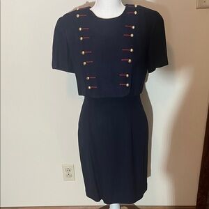 Chic Navy Dress with Gold and Red Details